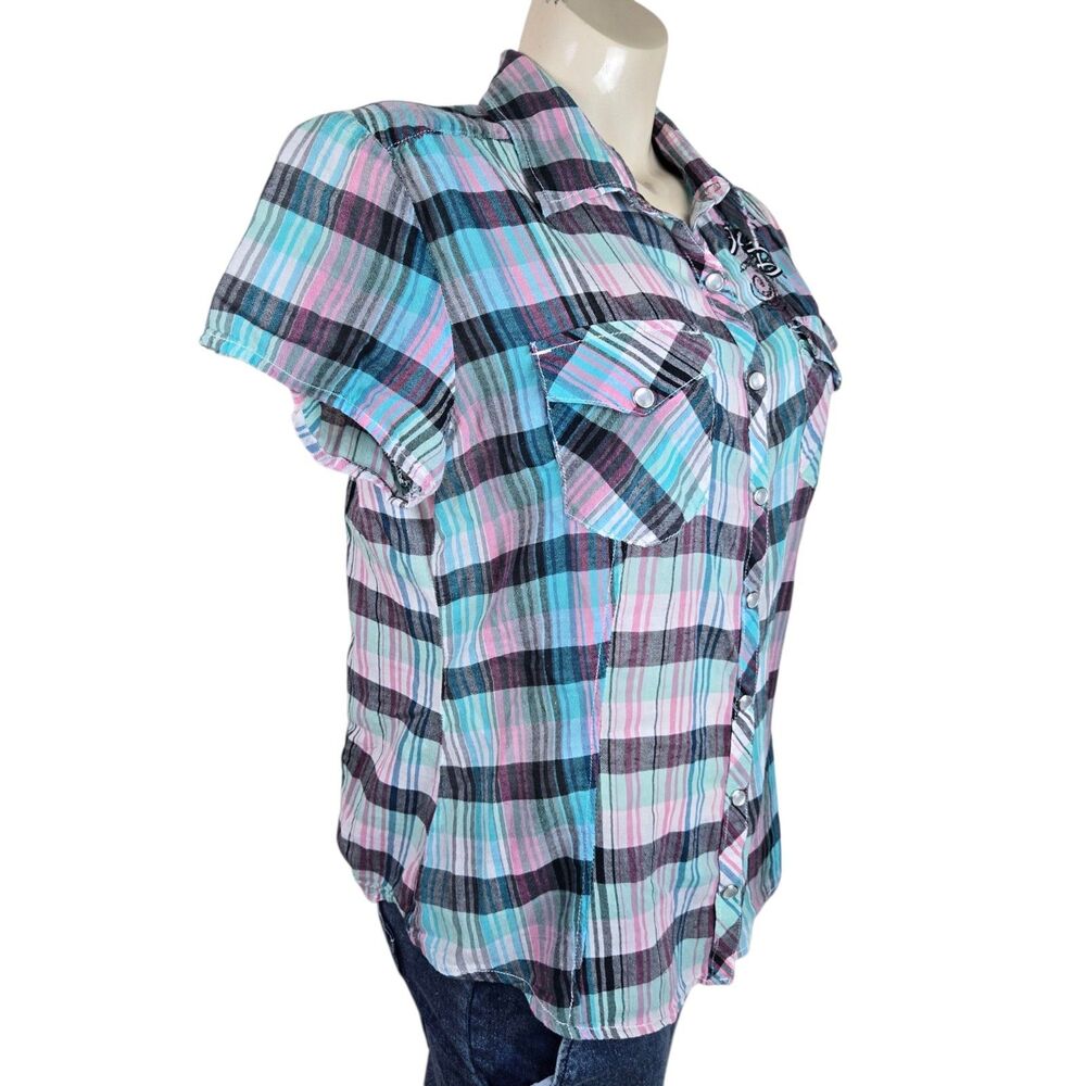 Harley Davidson Pearl Snap Button Shirt Women L Plaid Blue Pink Embroidered Wing - Picture 4 of 7
